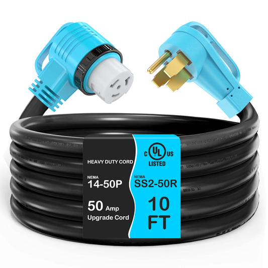 50 Amp RV/Generator Cord, UL Listed, 100% Copper Wire, Newly Designed 90°Grip Handle, NEMA 14-50P to SS2-50R Twist Lock, 6/3+8/1 Gauge STW Wire