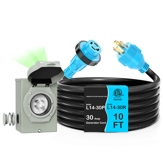 30 Amp Generator Cord and Power Inlet Box, Pre-Drilled NEMA L14-30P to L14-30R Generator Cord Waterproof Combo Kit, ETL Listed
