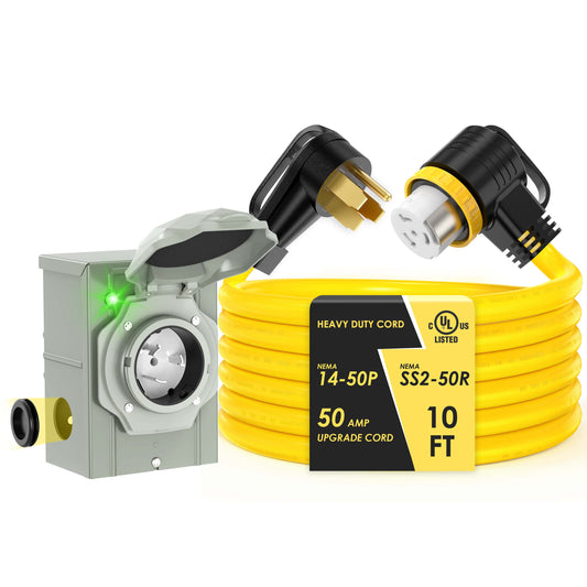 50 Amp Generator Cord with Inlet Box Kit, Heavy Duty 6/3+8/1 AWG STW Wire, NEMA 14-50P to SS2-50R Twist Locking, Newly Designed 90 Degree Grip Handle for Generator to House