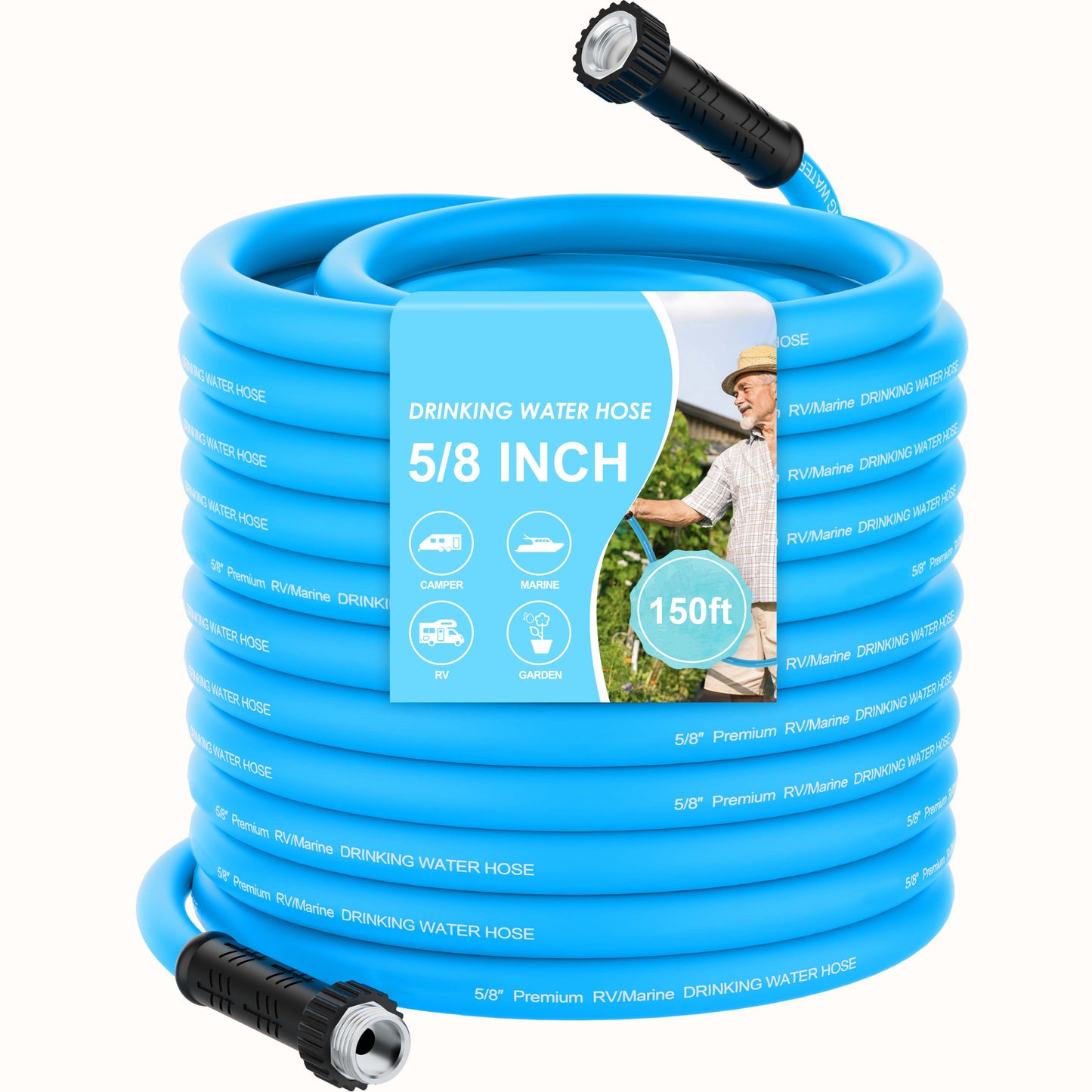 RV Water Hose, 5/8" Premium RV Drinking Water Hose for RV, Camping, Marine, Trailer and Truck, BPA Free, Anti-Kink and Leak-Free, Drinking Water Safe-Blue