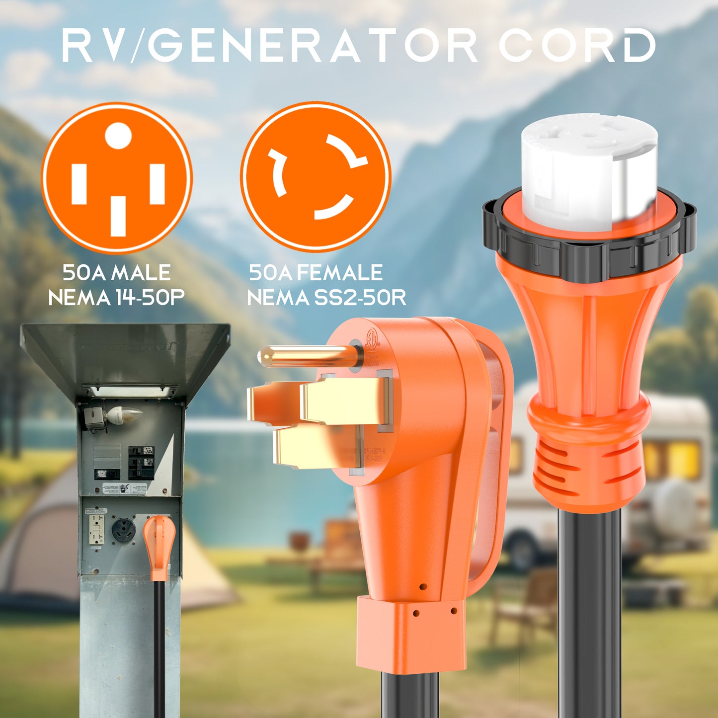 50 Amp RV/Generator Cord , Heavy Duty STW Wire, NEMA 14-50P to SS2-50R Twist Locking for RV Camper and Generator to House