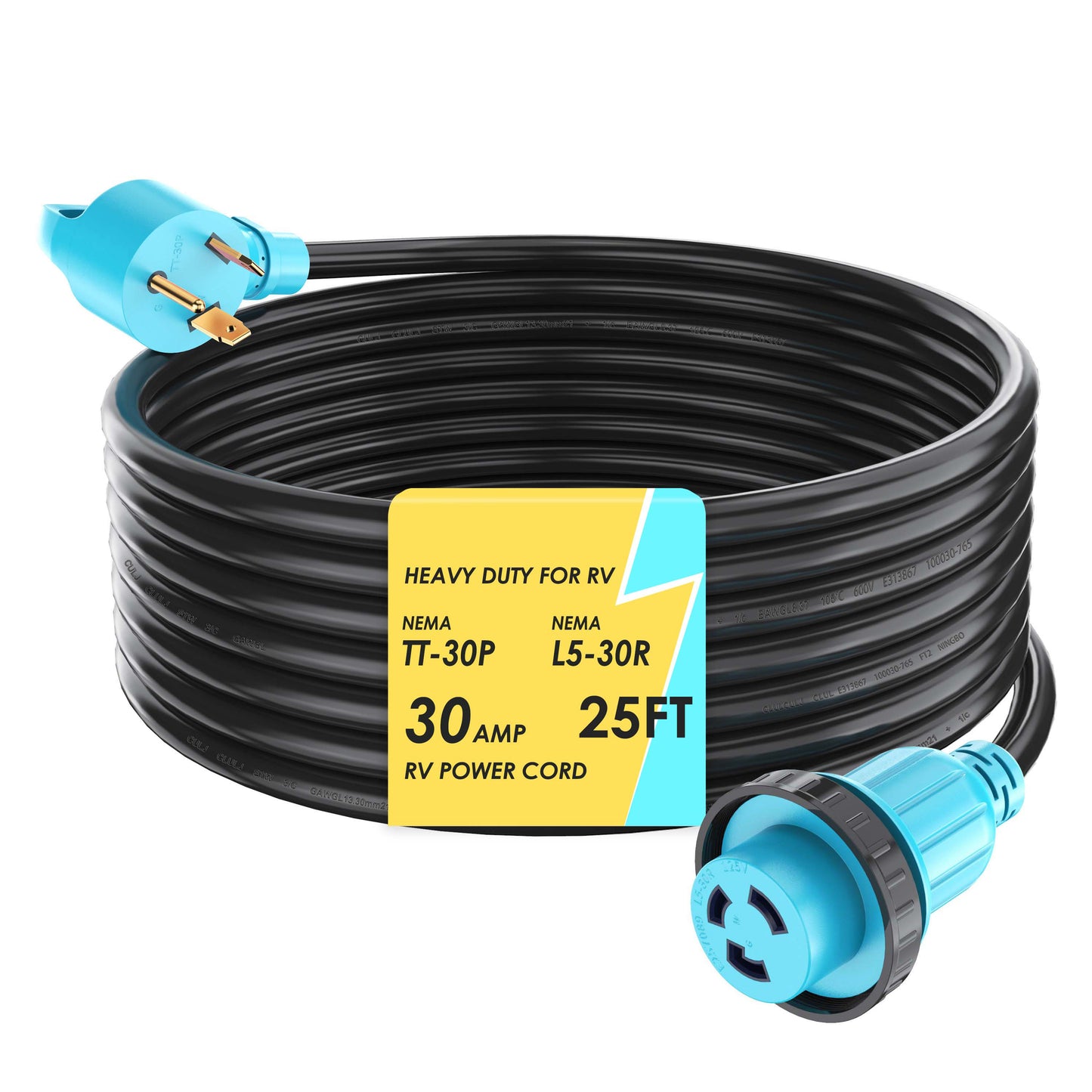 30 Amp RV Power Cord Twist Locking, Heavy Duty 10 Gauge 3 Wire STW Pure Copper Wire with Grip Handle, TT-30P to L5-30R with Cord Organizer for RV Trailer Campers