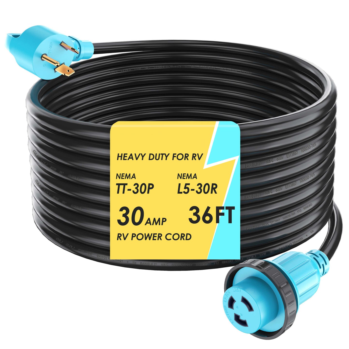 30 Amp RV Power Cord Twist Locking, Heavy Duty 10 Gauge 3 Wire STW Pure Copper Wire with Grip Handle, TT-30P to L5-30R with Cord Organizer for RV Trailer Campers