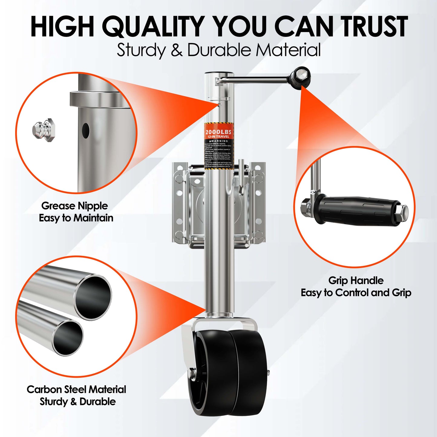 2000 lbs Trailer Jack with Dual Wheel, Heavy Duty Swivel Boat Jack, 12" Lift, Bolt-on Tongue Trailer Jack for RV Boat Trailers