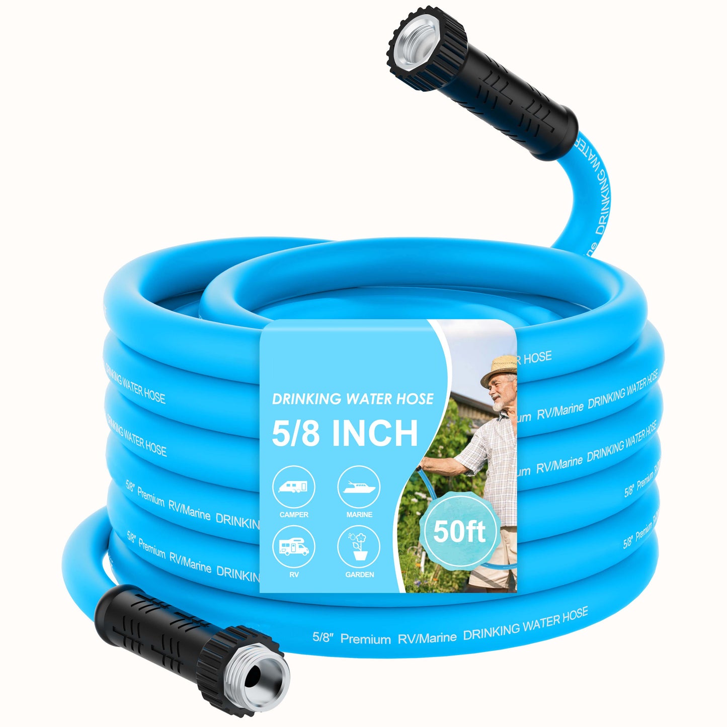 RV Water Hose, 5/8" Premium RV Drinking Water Hose for RV, Camping, Marine, Trailer and Truck, BPA Free, Anti-Kink and Leak-Free, Drinking Water Safe-Blue