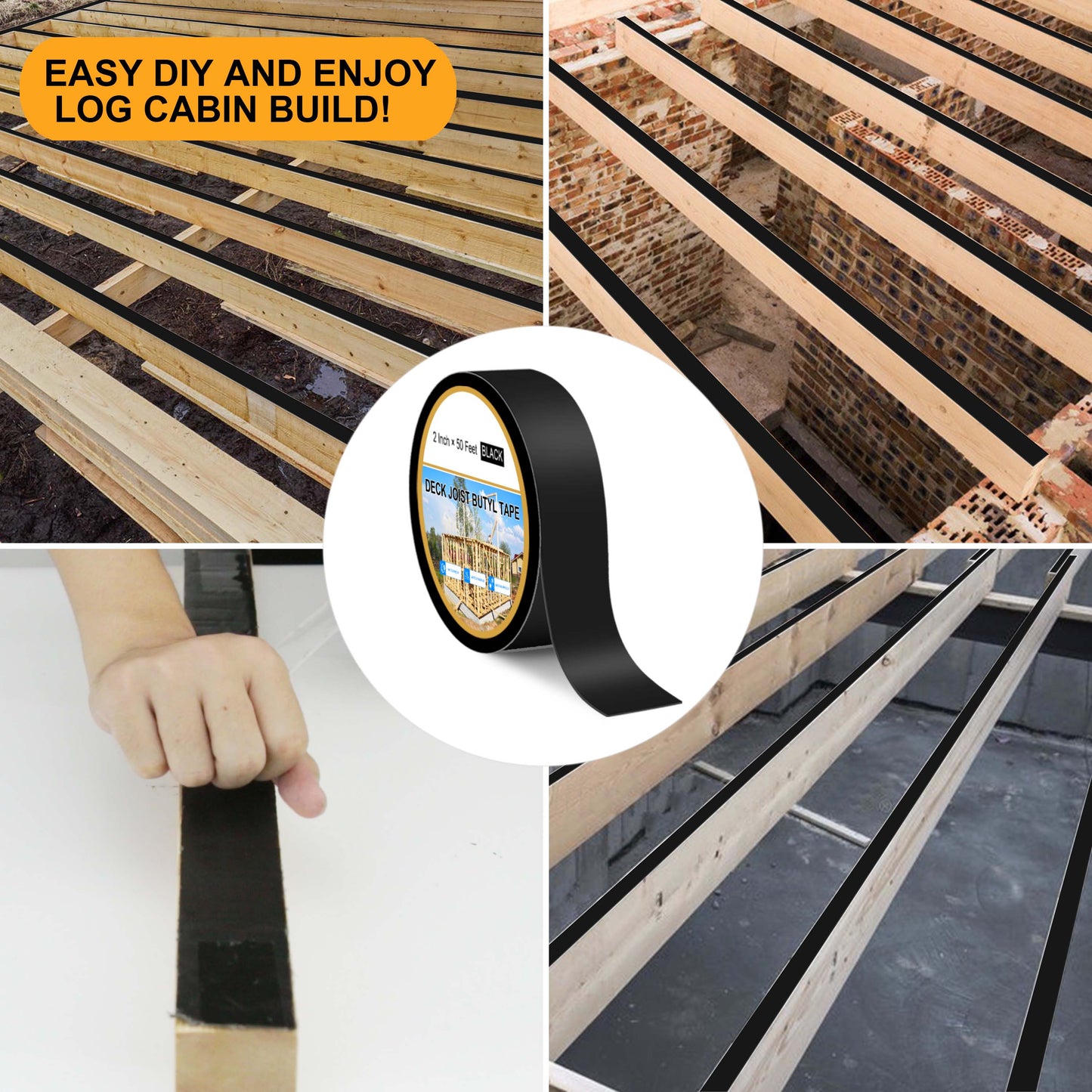Joist Tape for Decking 2'' X 50', 6 Rolls Weatherproof Butyl Tape for Wood Decks Beams Roof, Flashing Tape Anti-Corrosion Weather Resistant Black Deck Joist Tape Outdoor Patio Repair