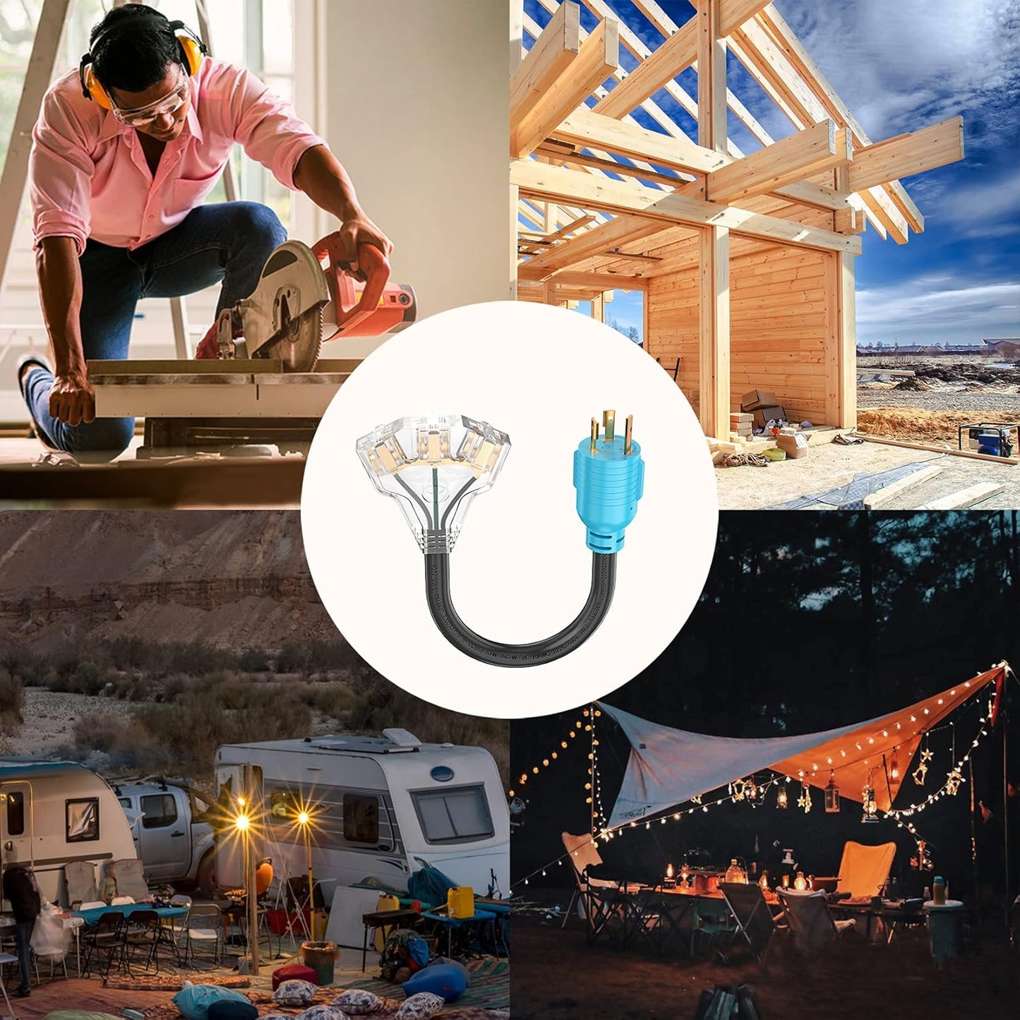 3 Prong Generator Distribution Adapter Cord, NEMA L5-30P Male to 3X 5-15R/5-20R T-Blade Household Outlet Female with Power Indicator, STW 10 Gauge 125V 3750W Blue