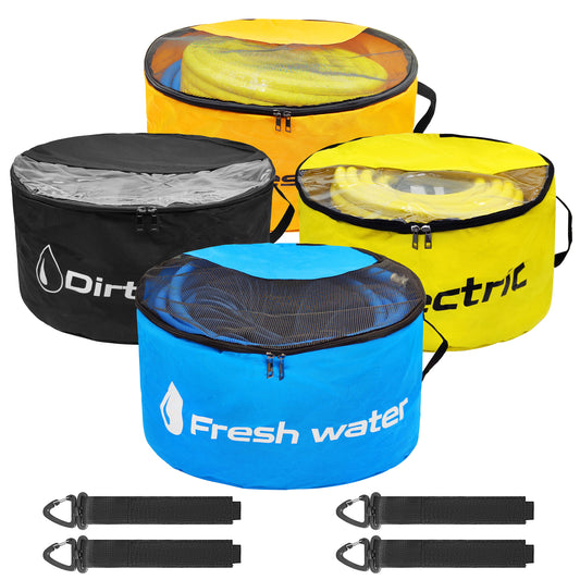 RV Storage and Organization Bag 4 Pack Camper Waterproof RV Accessories Storage and Organizer Bags for Sewer Hoses, Fresh & Waste Water Hoses, Electrical Cords (black/blue/yellow/green)