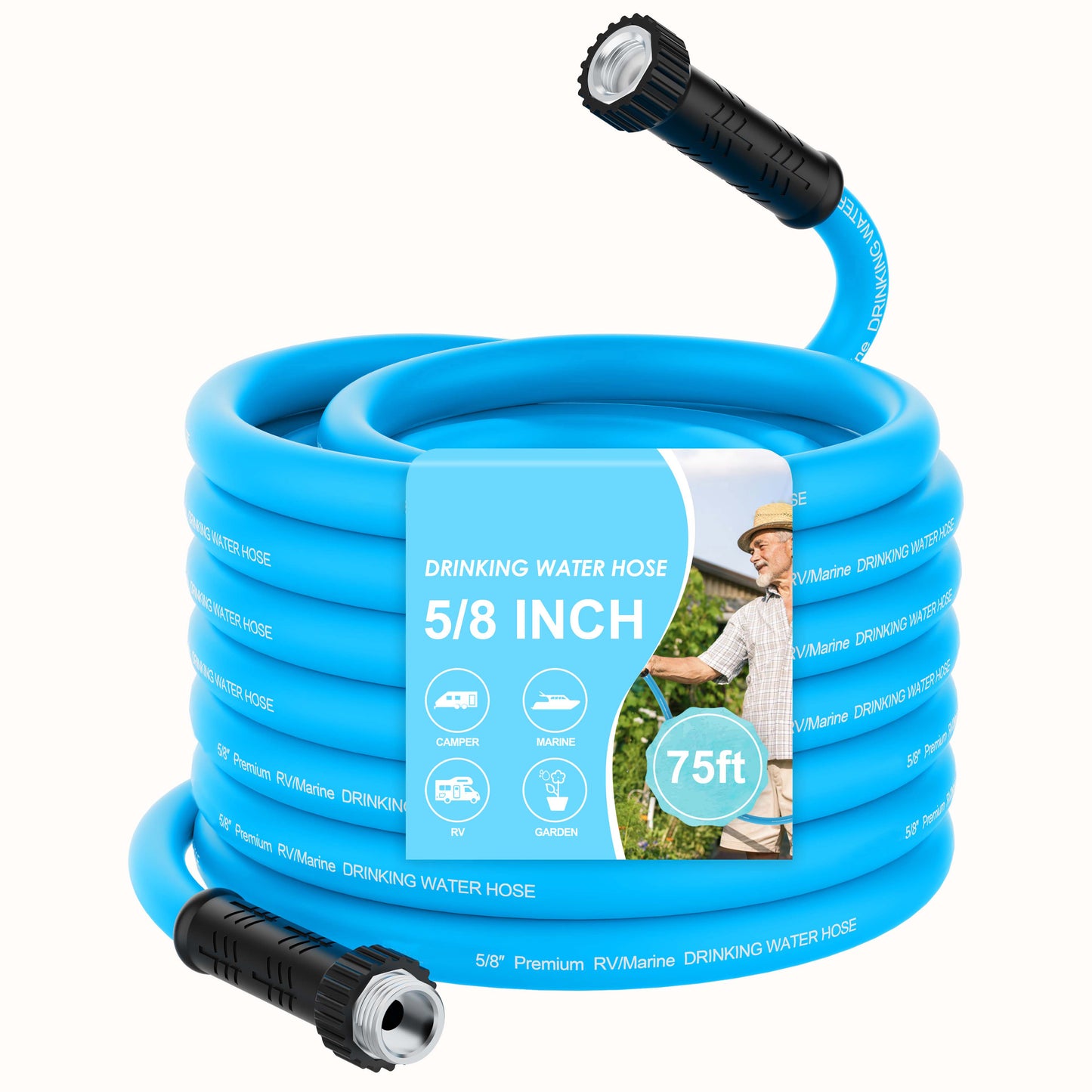 RV Water Hose, 5/8" Premium RV Drinking Water Hose for RV, Camping, Marine, Trailer and Truck, BPA Free, Anti-Kink and Leak-Free, Drinking Water Safe-Blue
