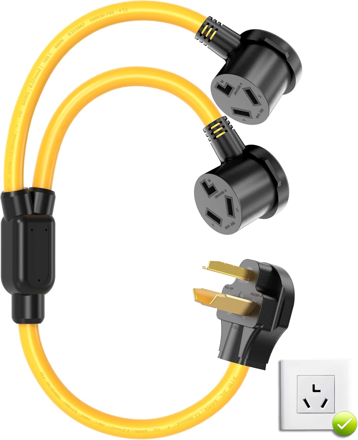 3 Prong Dryer Y Splitter, Dryer Outlet and Level 2 EV Charging, UL Listed, NEMA10-30P Male to Two NEMA 10-30R Female, 30 Amp 250 Volt 7500W STW 10 AWG