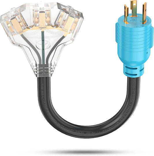 3 Prong Generator Distribution Adapter Cord, NEMA L5-30P Male to 3X 5-15R/5-20R T-Blade Household Outlet Female with Power Indicator, STW 10 Gauge 125V 3750W Blue
