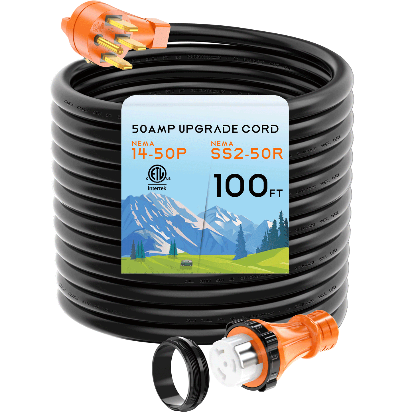 50 Amp RV/Generator Cord , Heavy Duty STW Wire, NEMA 14-50P to SS2-50R Twist Locking for RV Camper and Generator to House