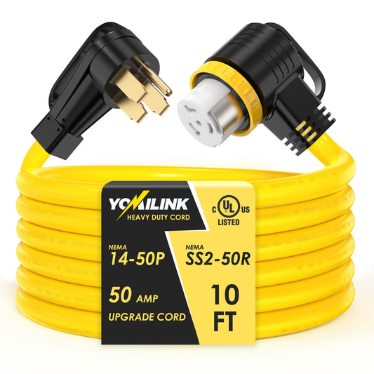 50 Amp RV/Generator Cord, UL Listed, 100% Copper Wire, NEMA 14-50P to SS2-50R Twist Lock, Newly Designed 90°Grip Handle, 6/3+8/1 Gauge STW Wire