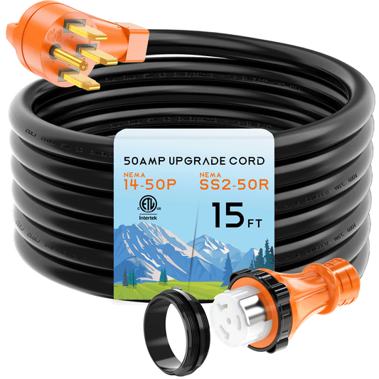 50 Amp RV/Generator Cord , Heavy Duty STW Wire, NEMA 14-50P to SS2-50R Twist Locking for RV Camper and Generator to House