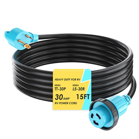 30 Amp RV Power Cord Twist Locking, Heavy Duty 10 Gauge 3 Wire STW Pure Copper Wire with Grip Handle, TT-30P to L5-30R with Cord Organizer for RV Trailer Campers