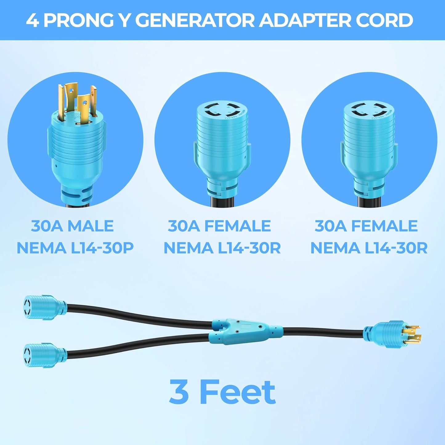 4 Prong 30 Amp Generator Splitter Y Adapter, NEMA L14-30P to 2X L14-30R, 10 AWG SJTW for Manual Transfer Switch, Generators, 125/250V 7500W