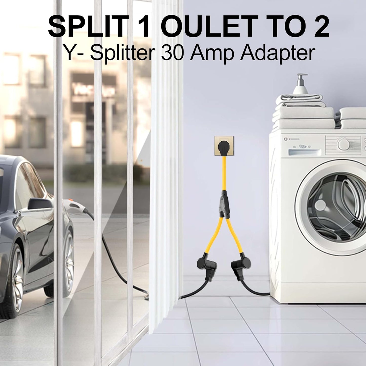 3 Prong Dryer Y Splitter, Dryer Outlet and Level 2 EV Charging, UL Listed, NEMA10-30P Male to Two NEMA 10-30R Female, 30 Amp 250 Volt 7500W STW 10 AWG