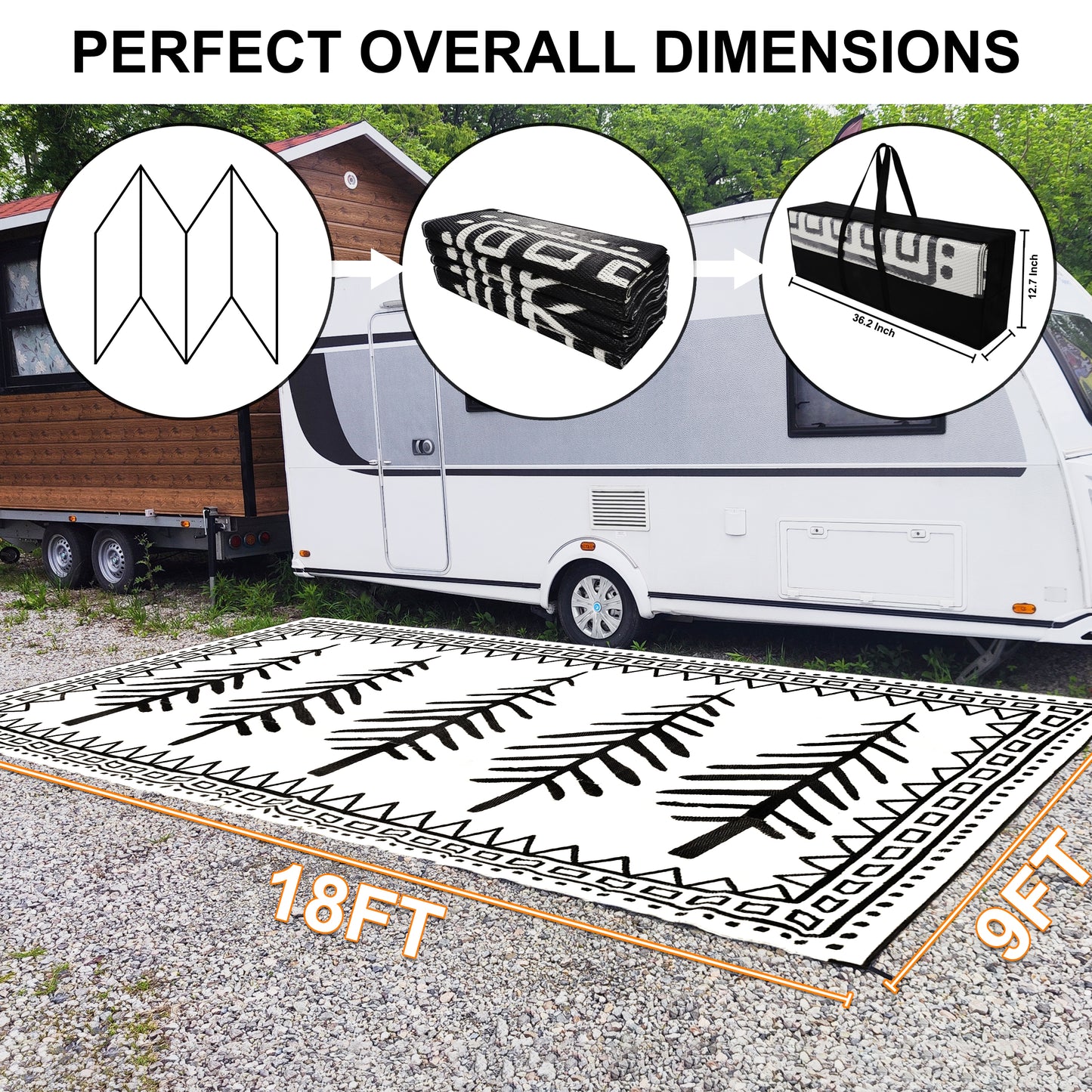 RV Outdoor Rug, Plastic Straw Waterproof Rugs Lightweight Reversible RV Mat Outdoor Patio Rug with Storage Bag for Outside Camper Under Awning Backyard, Pine Tree Print