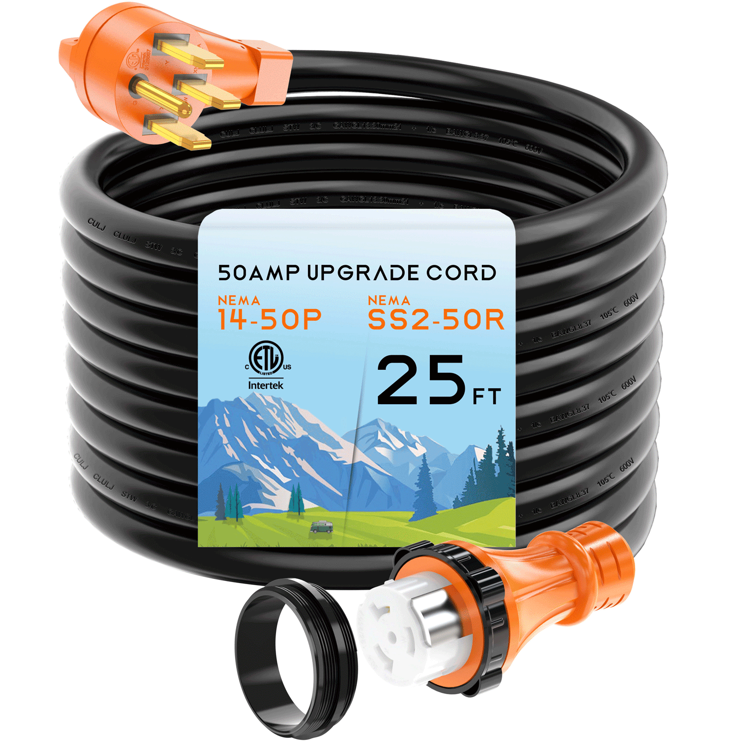 50 Amp RV/Generator Cord , Heavy Duty STW Wire, NEMA 14-50P to SS2-50R Twist Locking for RV Camper and Generator to House