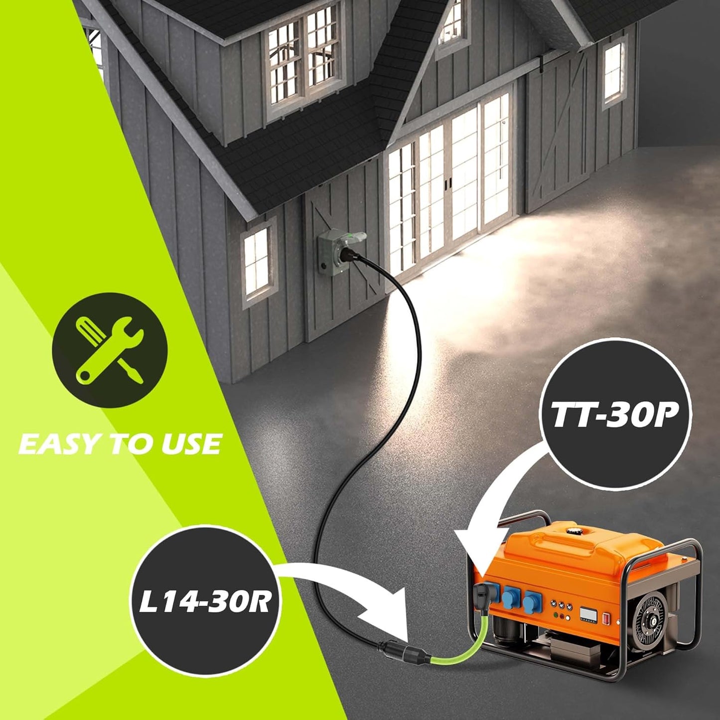 30 Amp Generator Adapter, TT-30P Male to L14-30R Female, House to Generator Cord, 10 Gauge STW