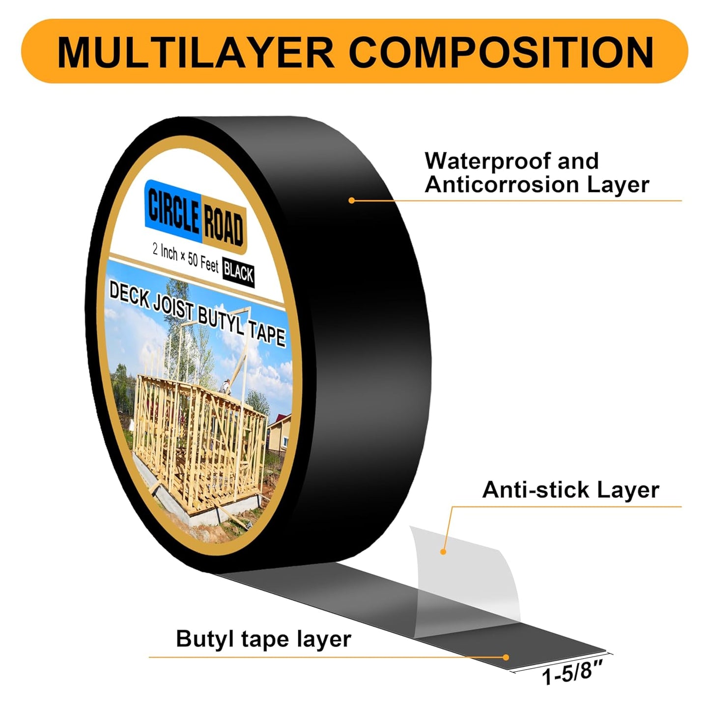 Joist Tape for Decking 2'' X 50', 6 Rolls Weatherproof Butyl Tape for Wood Decks Beams Roof, Flashing Tape Anti-Corrosion Weather Resistant Black Deck Joist Tape Outdoor Patio Repair
