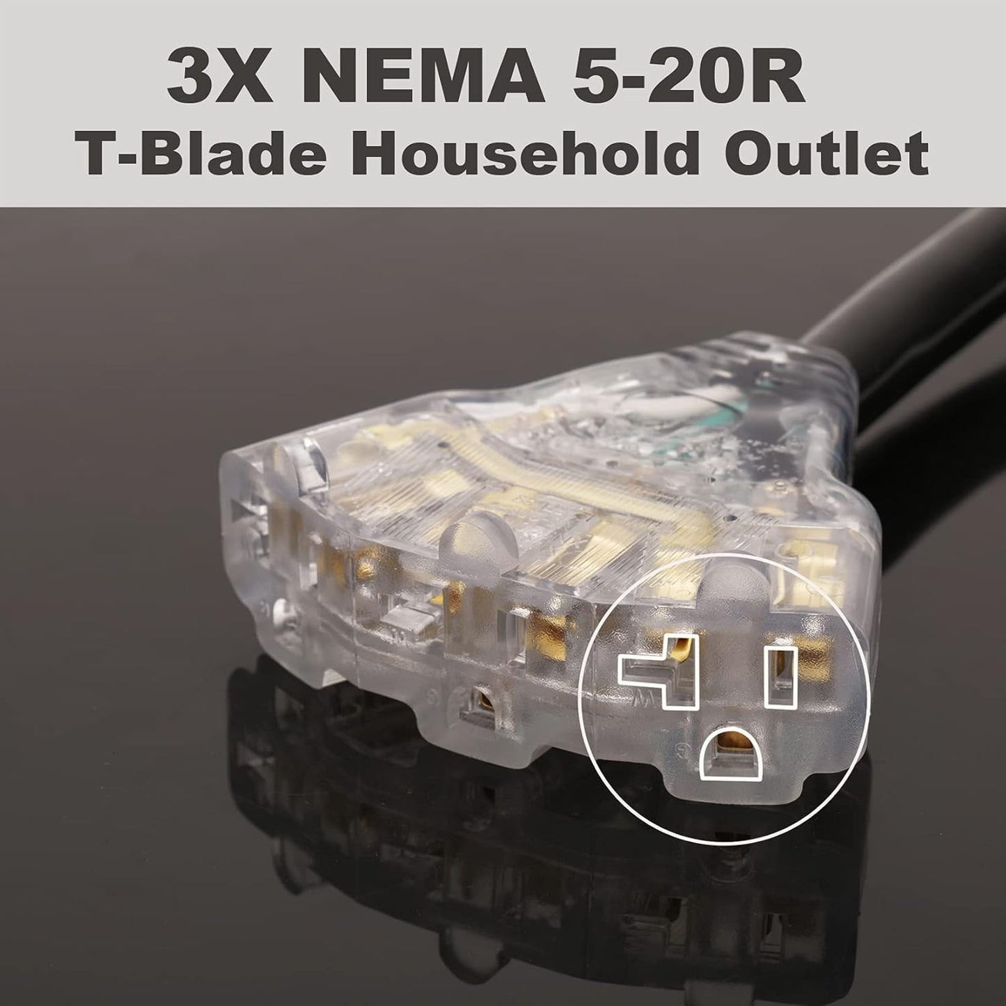 3 Prong Generator Distribution Adapter Cord, NEMA L5-30P Male to 3X 5-15R/5-20R T-Blade Household Outlet Female with Power Indicator, STW 10 Gauge 125V 3750W Blue