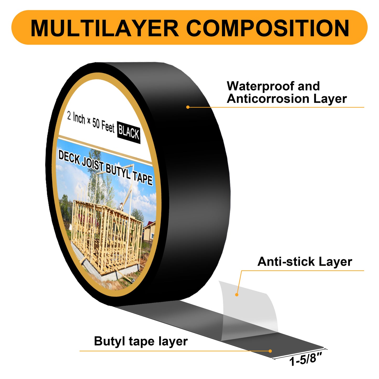 Joist Tape for Decking 2'' X 50', 6 Rolls Weatherproof Butyl Tape for Wood Decks Beams Roof, Flashing Tape Anti-Corrosion Weather Resistant Black Deck Joist Tape Outdoor Patio Repair