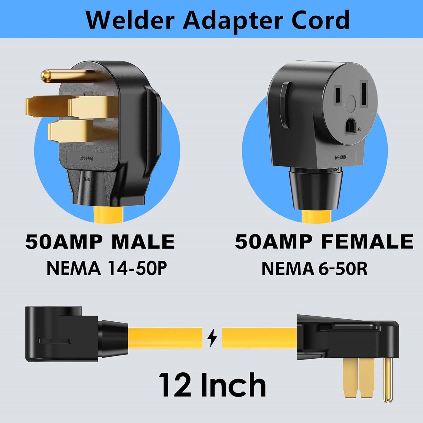Welder Adapter Cord, NEMA 14-50P to 6-50R, 50 Amp Welder Power Adapter Plug, Heavy Duty STW 8 AWG, 50 Amp 250V 12500 Watt, 12inch
