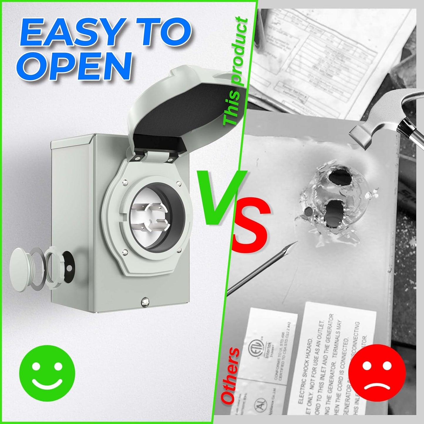 30 Amp Generator Inlet Box, Waterproof and Rustproof, Pre-Drilled 4 Big Wiring Holes, NEMA L14-30P Power Inlet Box, 125/250 Volt, 7500 Watts with LED Power Indicator, ETL Listed