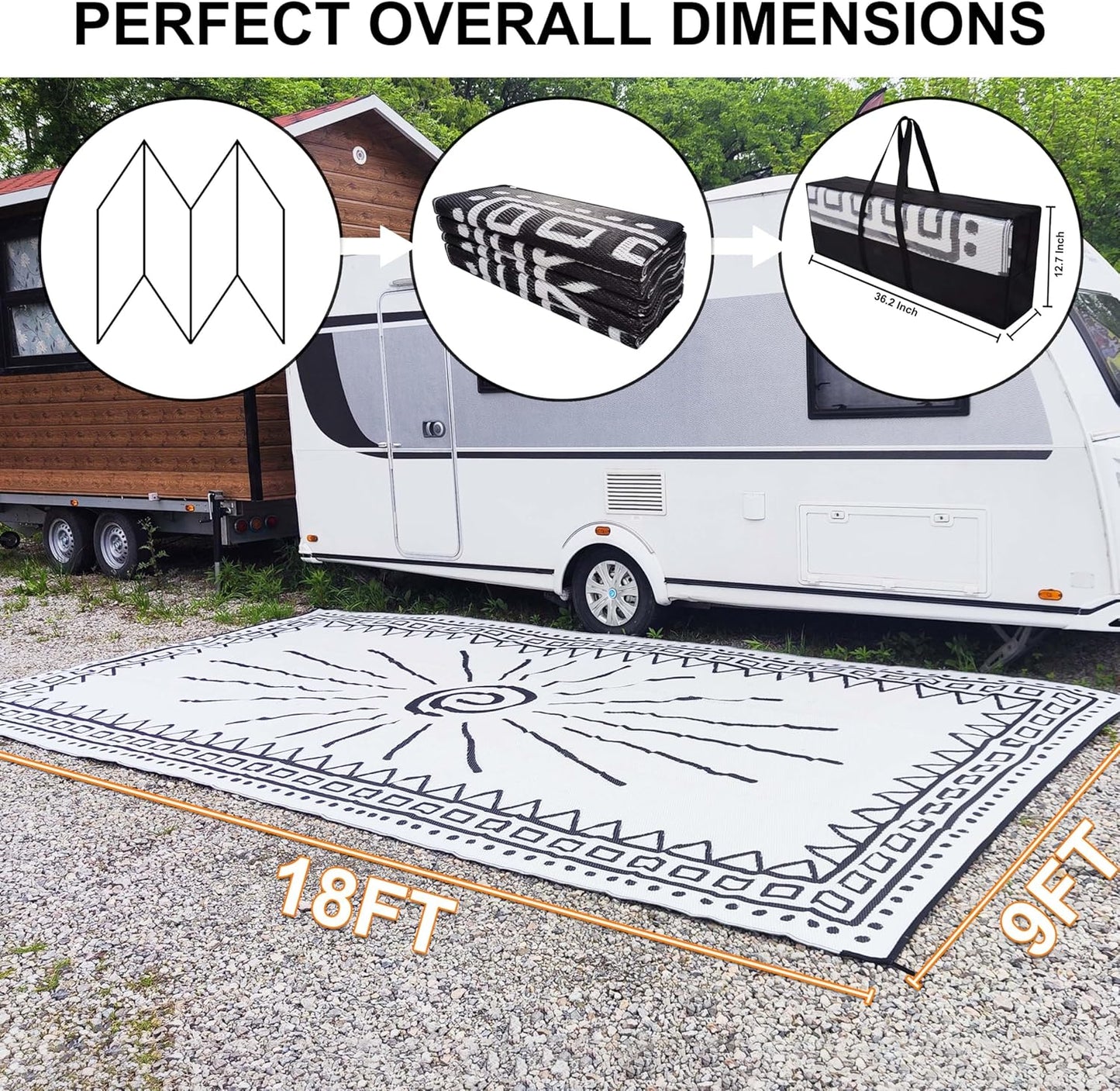 RV Outdoor Rug 9' × 18' Plastic Straw Outdoor Patio Rug Sun Print