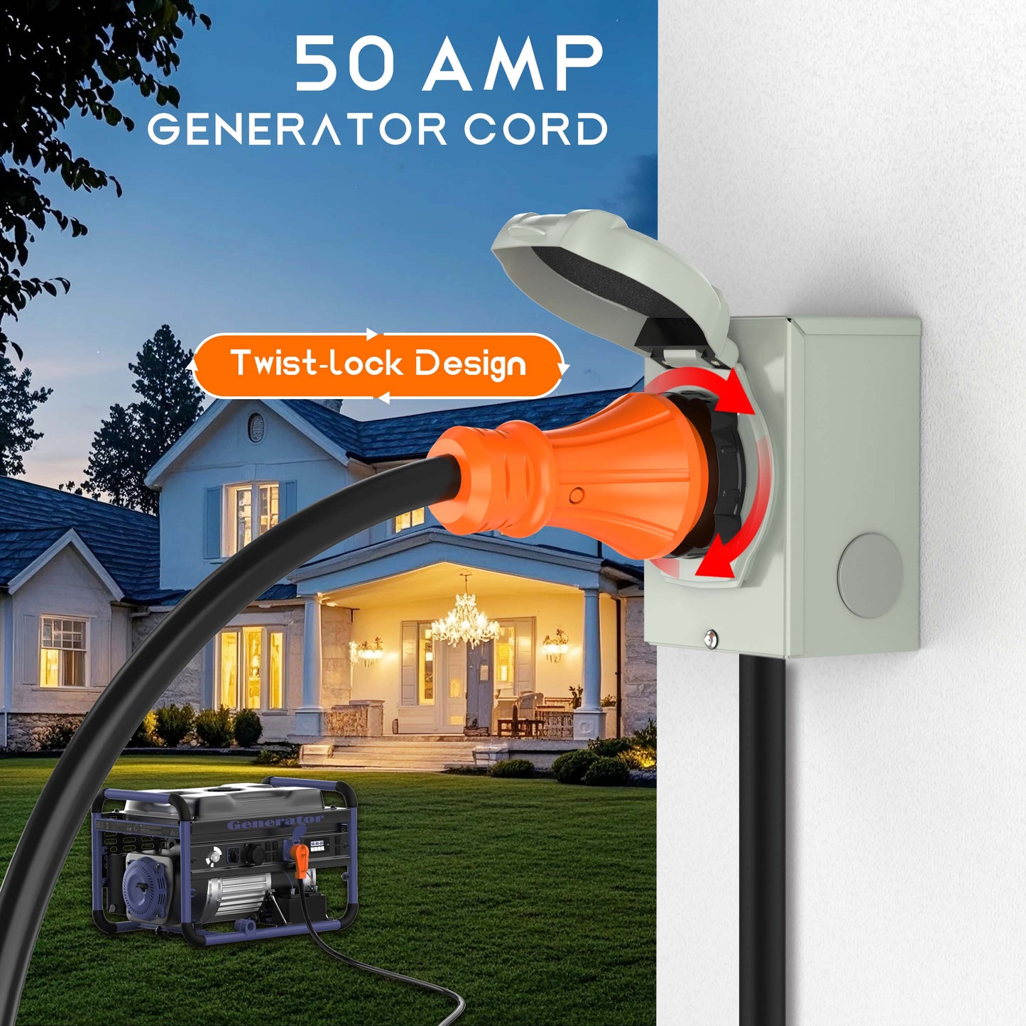 50 Amp RV/Generator Cord , Heavy Duty STW Wire, NEMA 14-50P to SS2-50R Twist Locking for RV Camper and Generator to House