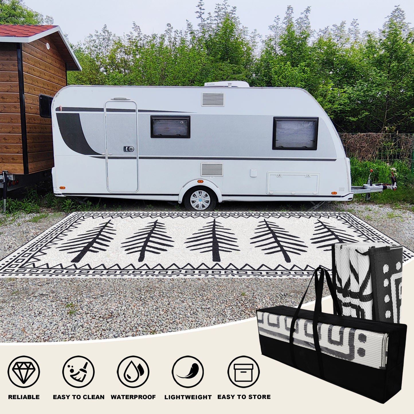 RV Outdoor Rug, Plastic Straw Waterproof Rugs Lightweight Reversible RV Mat Outdoor Patio Rug with Storage Bag for Outside Camper Under Awning Backyard, Pine Tree Print