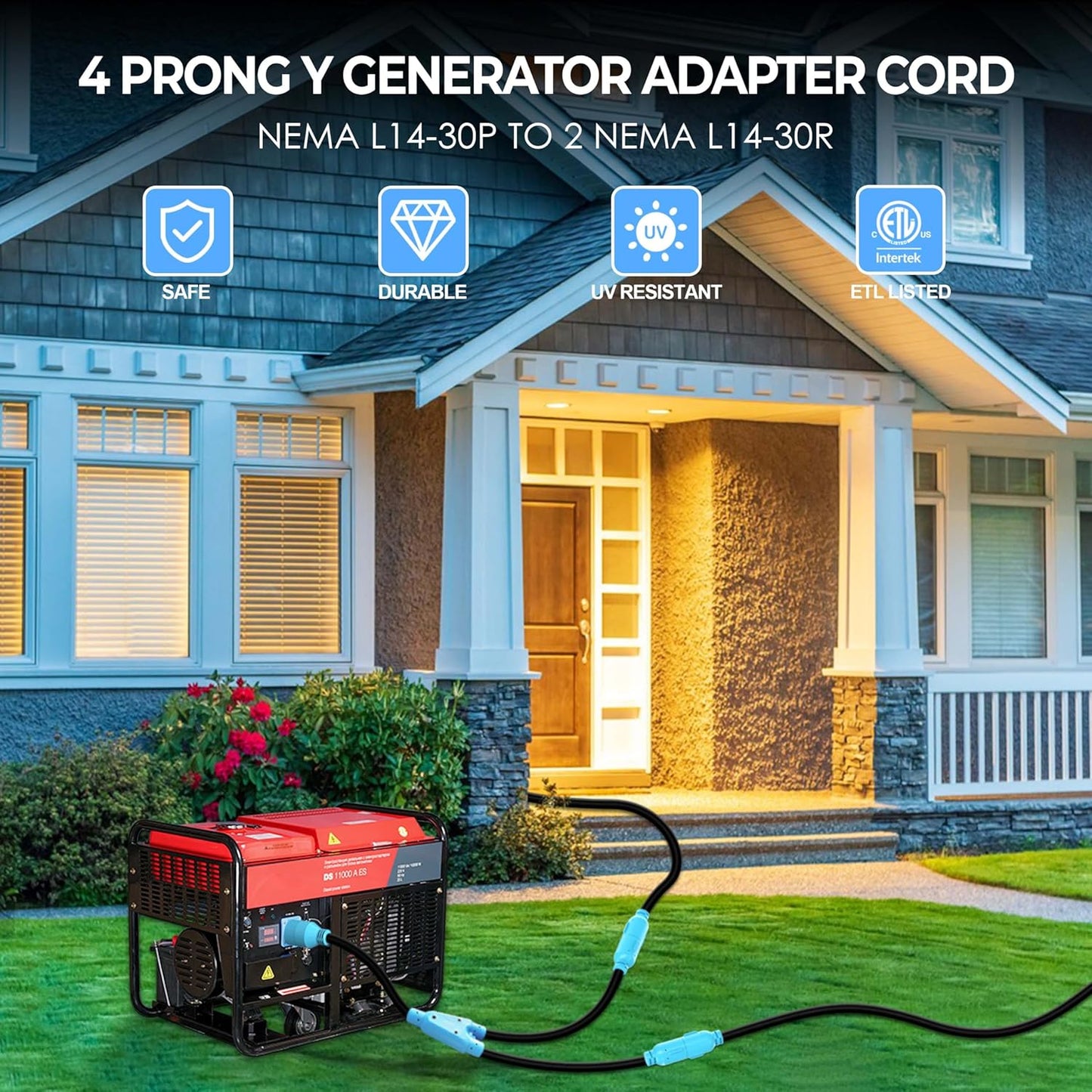 4 Prong 30 Amp Generator Splitter Y Adapter, NEMA L14-30P to 2X L14-30R, 10 AWG SJTW for Manual Transfer Switch, Generators, 125/250V 7500W