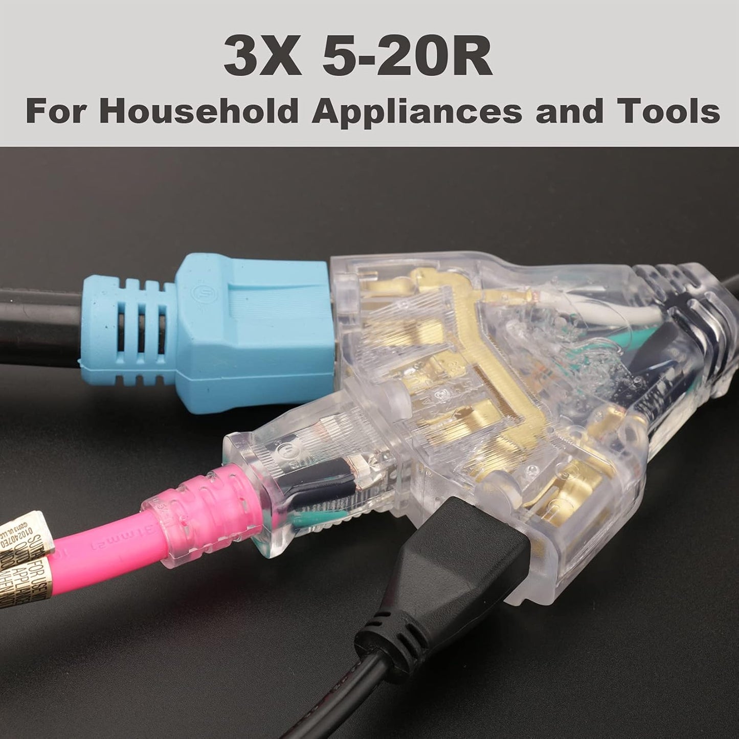 3 Prong Generator Distribution Adapter Cord, NEMA L5-30P Male to 3X 5-15R/5-20R T-Blade Household Outlet Female with Power Indicator, STW 10 Gauge 125V 3750W Blue