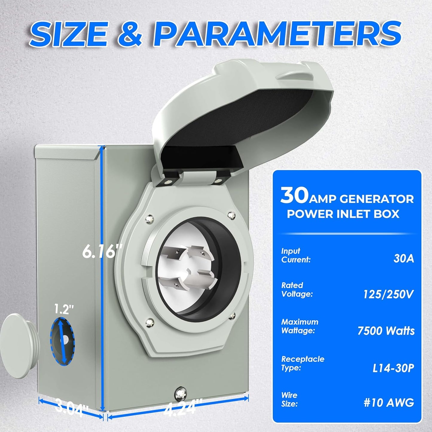 30 Amp Generator Inlet Box, Waterproof and Rustproof, Pre-Drilled 4 Big Wiring Holes, NEMA L14-30P Power Inlet Box, 125/250 Volt, 7500 Watts with LED Power Indicator, ETL Listed