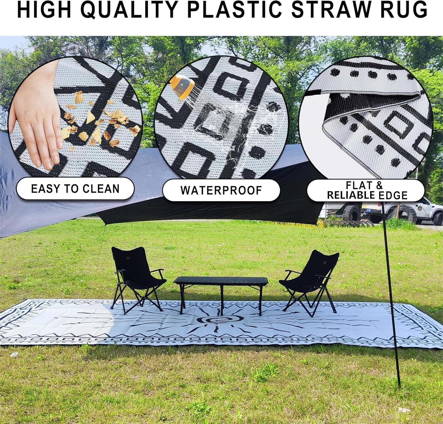 RV Outdoor Rug 9' × 18' Plastic Straw Outdoor Patio Rug Sun Print