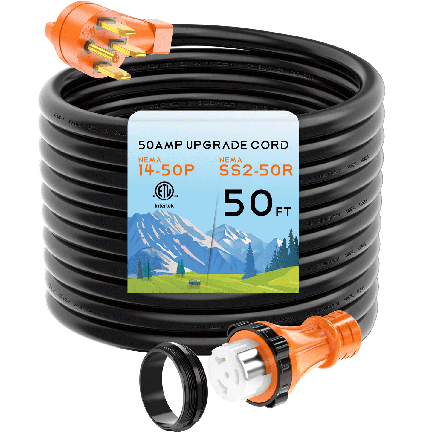 50 Amp RV/Generator Cord , Heavy Duty STW Wire, NEMA 14-50P to SS2-50R Twist Locking for RV Camper and Generator to House