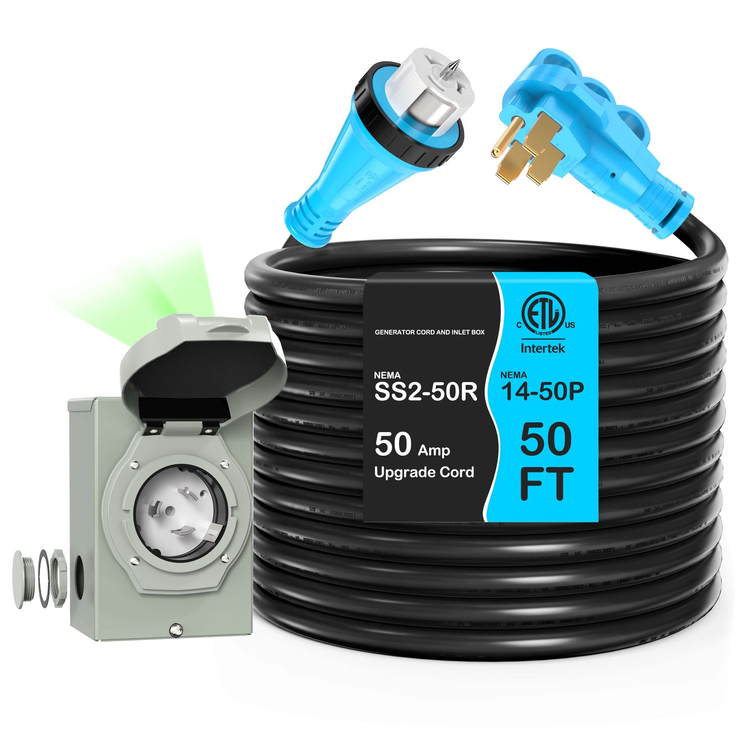 50 Amp Generator Cord and Power Inlet Box Combo Kit, Pure Copper Wire STW 6/3+8/1 AWG 125/250V, NEMA 14-50P to SS2-50R Twist Lock for Generator to House