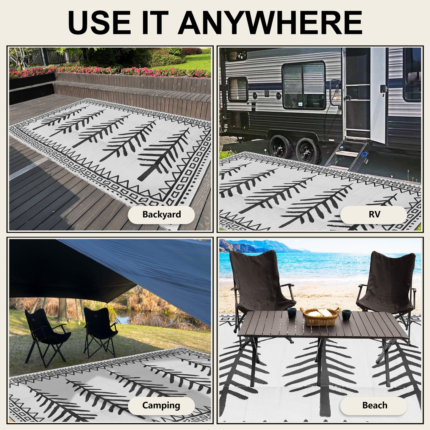 RV Outdoor Rug, Plastic Straw Waterproof Rugs Lightweight Reversible RV Mat Outdoor Patio Rug with Storage Bag for Outside Camper Under Awning Backyard, Pine Tree Print