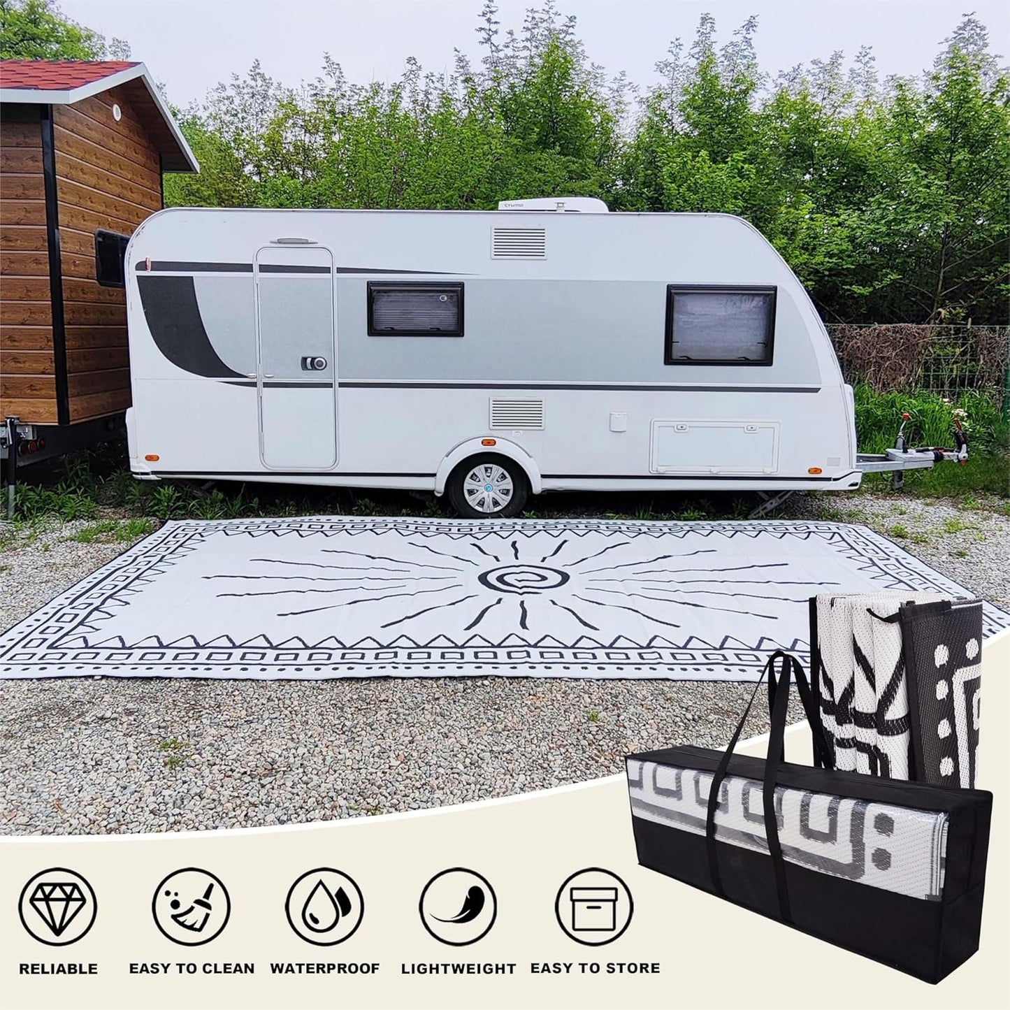 RV Outdoor Rug 9' × 18' Plastic Straw Outdoor Patio Rug Sun Print