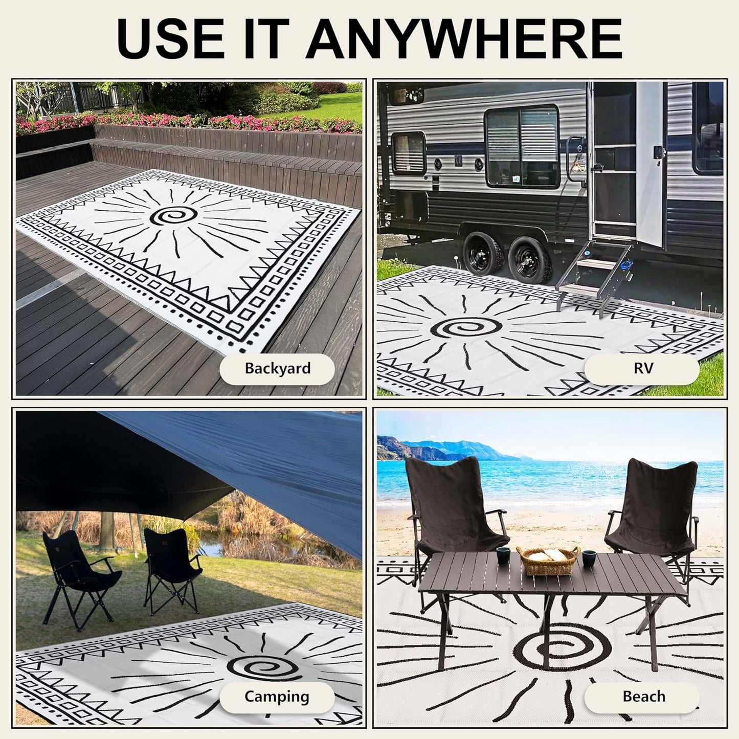 RV Outdoor Rug 9' × 18' Plastic Straw Outdoor Patio Rug Sun Print